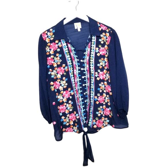FIG & FLOWER Anthropologie Embroidered Navy Blue Tie-Front Top - Medium